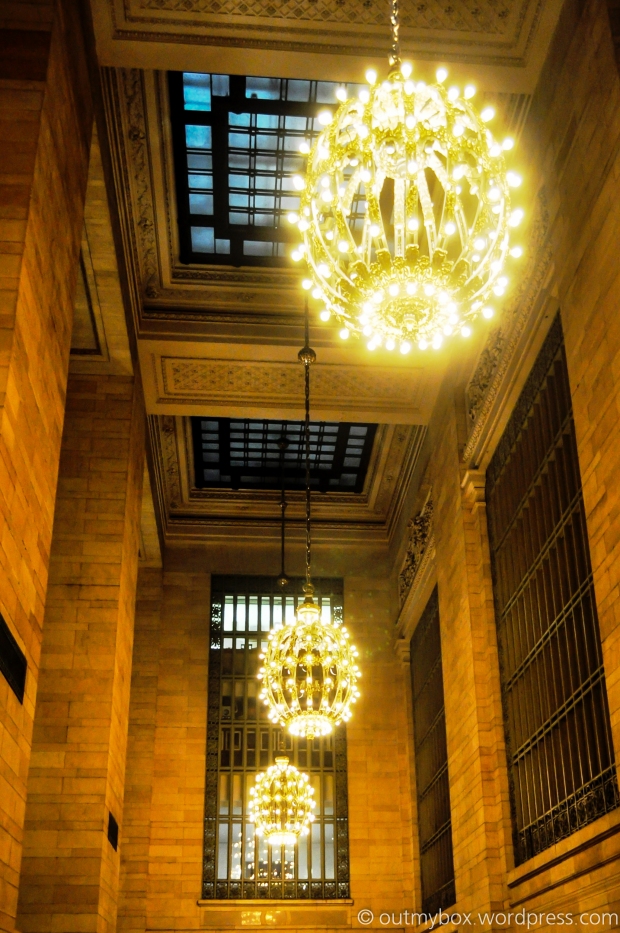 Grand Central Terminal ceiling filled with chandeliers